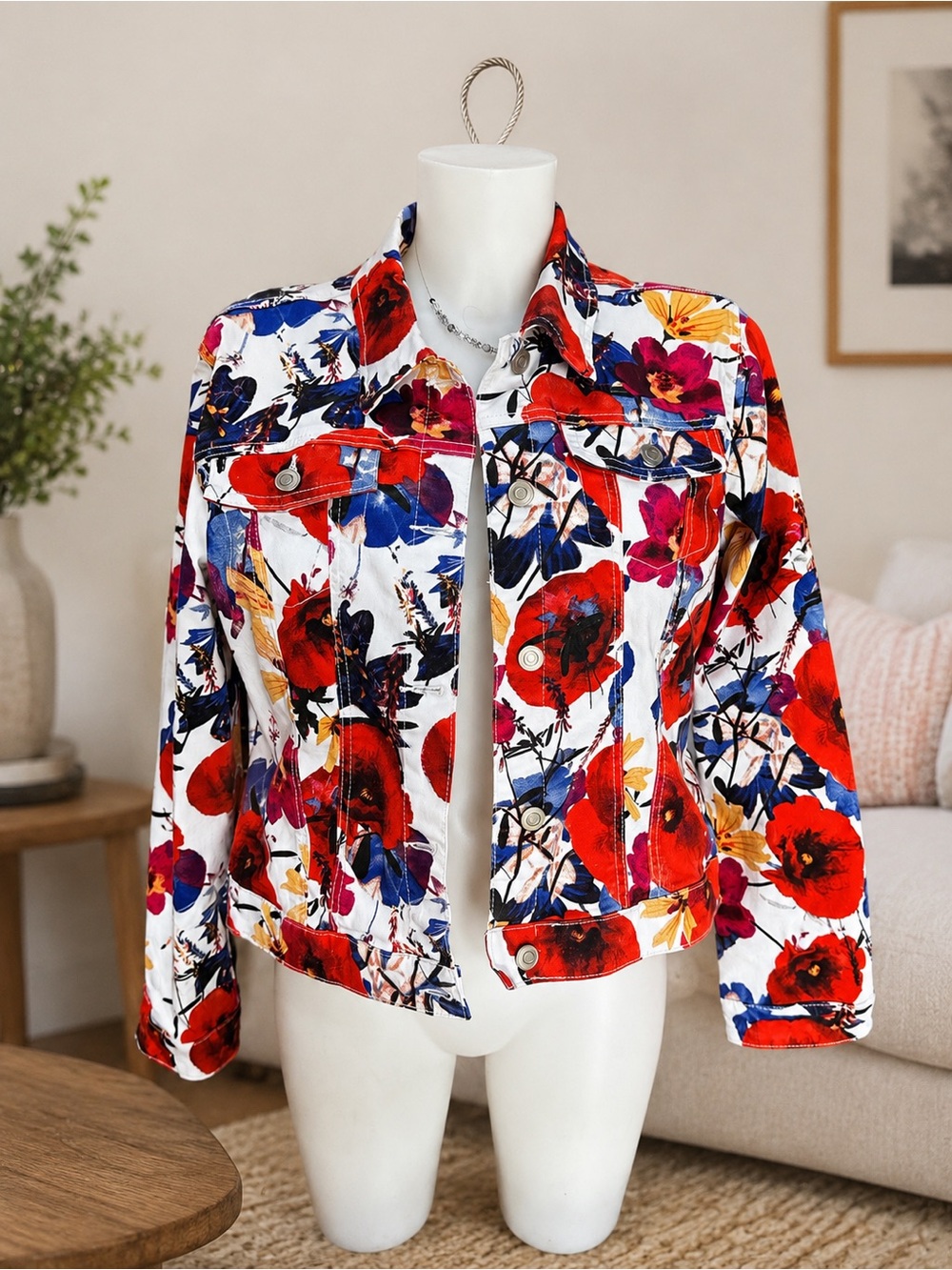 Floral Print Jean Jacket in Red, Blue & White by